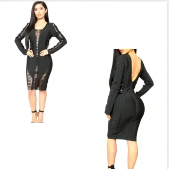FASHION NOVA BLACK CUT OUT BACK FAUX LEATHER DRESS - Picture 1 of 13